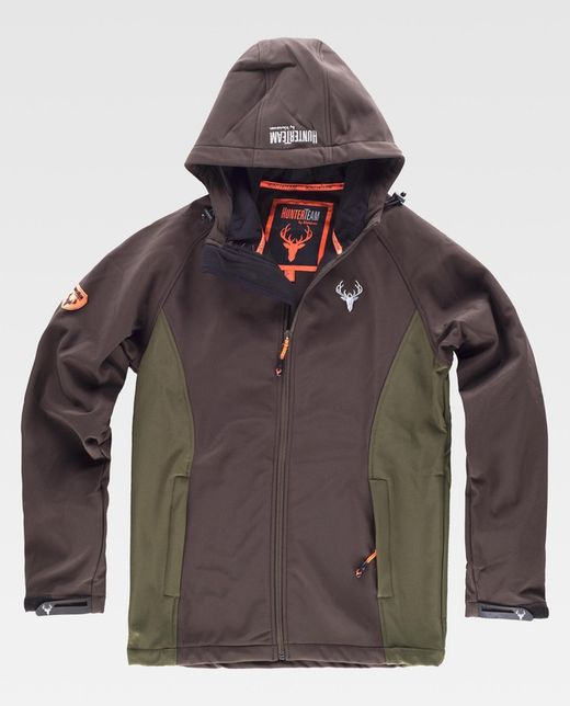 Workshell-Jacke mit 2 Seitentaschen und einer Brusttasche, kombiniert mit Kapuze Brown / Hunting Green