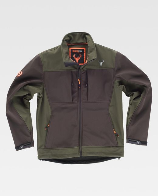 Workshell-Jacke mit zwei Seitentaschen und 2 Brusttaschen kombiniert Braun / Jagdgrün