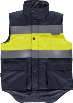 Chaleco acolchado y multibolsillos con dos cintas reflectantes Marino / Amarillo