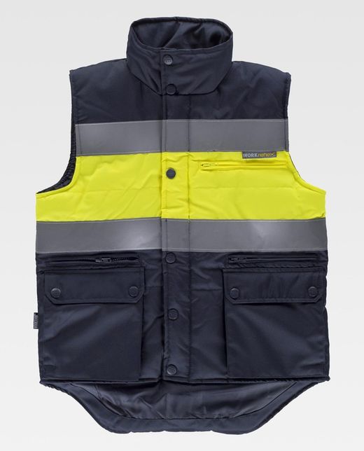 Gepolsterte Weste mit mehreren Taschen, zwei reflektierenden Bändern und gut sichtbarem Stoff Navy Yellow AV