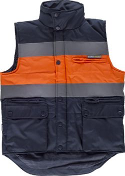 Chaleco acolchado y multibolsillos con dos cintas reflectantes Marino / Naranja
