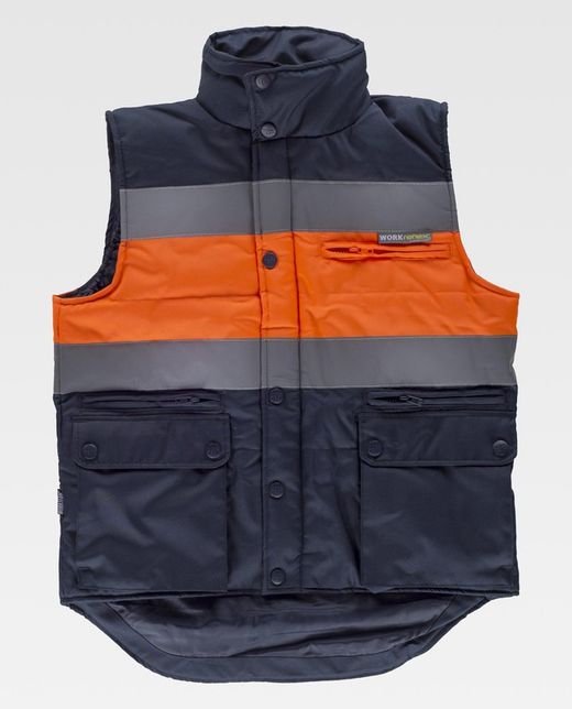 Gepolsterte Weste mit mehreren Taschen, zwei reflektierenden Bändern und gut sichtbarem Stoff Navy Orange AV