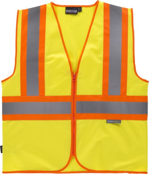 Gilet ad alta visibilità, multi-tasca, nastri riflettenti bicolore verticale e orizzontale AV Giallo Arancione AV