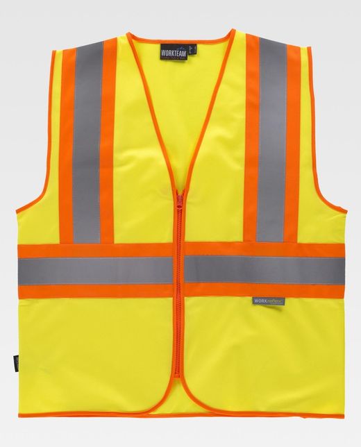 Warnweste, Mehrfachtaschen, vertikale und horizontale zweifarbige reflektierende Bänder Gelb AV Orange AV