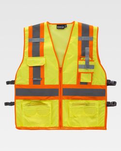 Warnweste, Mehrfachtaschen, vertikale und horizontale zweifarbige reflektierende Bänder Gelb AV Orange AV