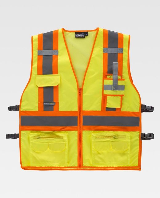 Warnweste, Mehrfachtaschen, vertikale und horizontale zweifarbige reflektierende Bänder Gelb AV Orange AV
