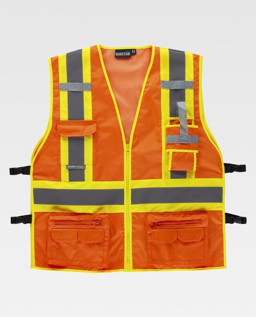 Gilet haute visibilité, multi-poches, bandes réfléchissantes bicolores verticales et horizontales Orange AV Jaune AV