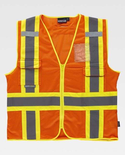 Warnweste, zweifarbige reflektierende Bänder mit mehreren Taschen, vertikaler und horizontaler Farbe Orange AV Gelb AV
