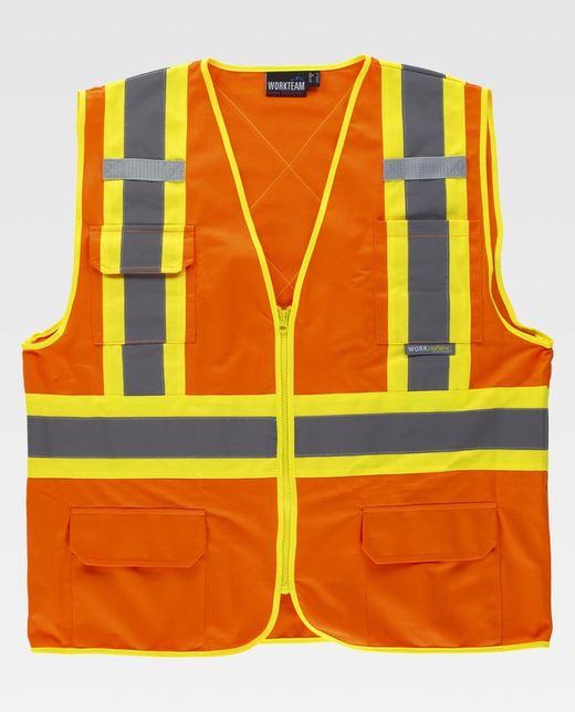 Warnweste, zweifarbige reflektierende Bänder mit mehreren Taschen, vertikaler und horizontaler Farbe Orange AV Gelb AV