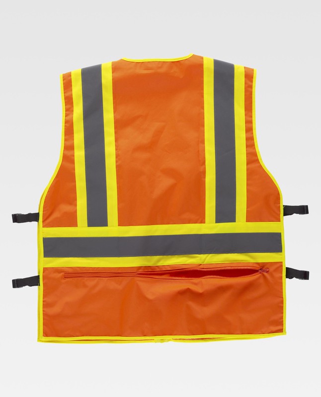 Warnweste, zweifarbige reflektierende Bänder mit mehreren Taschen,  vertikaler und horizontaler Farbe Orange AV Gelb AV — Maxport Workwear