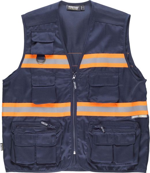 Weste mit Reißverschluss Multipockets Zweifarbige reflektierende Bänder Navy Orange AV