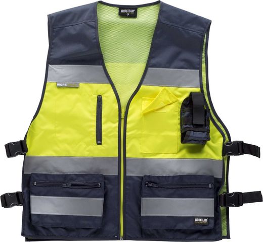 Gilet haute visibilité combiné avec ajustements latéraux, multi-poches, bandes réfléchissantes Navy Yellow AV
