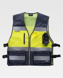Warnweste kombiniert mit Seitenverstellungen, mehreren Taschen und reflektierenden Bändern Navy Yellow AV
