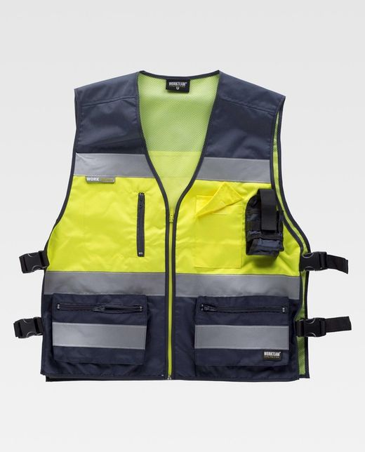 Warnweste kombiniert mit Seitenverstellungen, mehreren Taschen und reflektierenden Bändern Navy Yellow AV