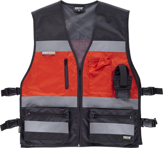 High visibility vest combined with side adjustments, multi-pockets, reflective tapes Black Red