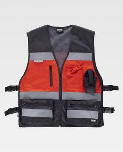 Warnweste kombiniert mit Seitenverstellungen, mehreren Taschen, reflektierenden Bändern Schwarz Rot