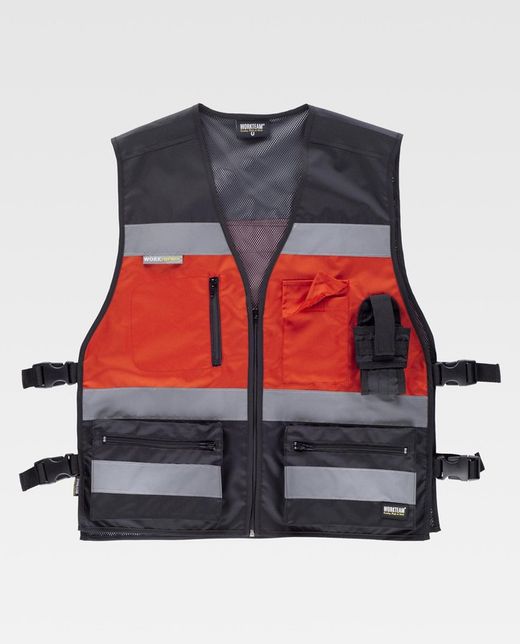 Warnweste kombiniert mit Seitenverstellungen, mehreren Taschen, reflektierenden Bändern Schwarz Rot