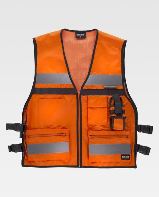 Gilet ad alta visibilità con regolazioni laterali, multi tasche, due nastri riflettenti Arancione AV