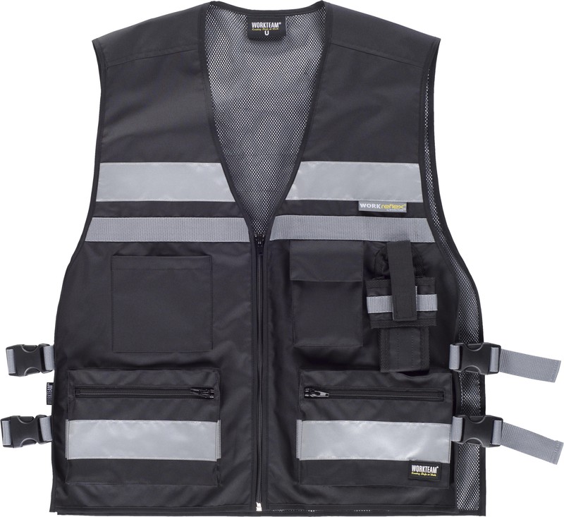 Warnweste mit seitlichen Einstellungen, mehreren Taschen, zwei  reflektierenden Bändern Schwarz — Maxport Workwear