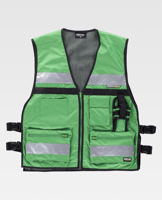 Warnweste mit seitlichen Einstellungen, mehreren Taschen, zwei  reflektierenden Bändern Grün — Maxport Workwear