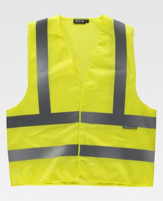 Mesh Weste Klettverschluss V-Ausschnitt Reflektierende Bänder auf Brust und Rücken AV gelb