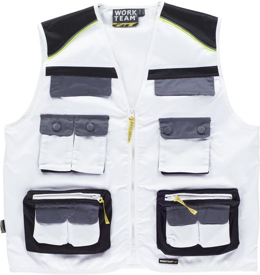 Gilet linea 5 tipo safari combinato in 3 colori, bianco lucido nero grigio scuro riflettente