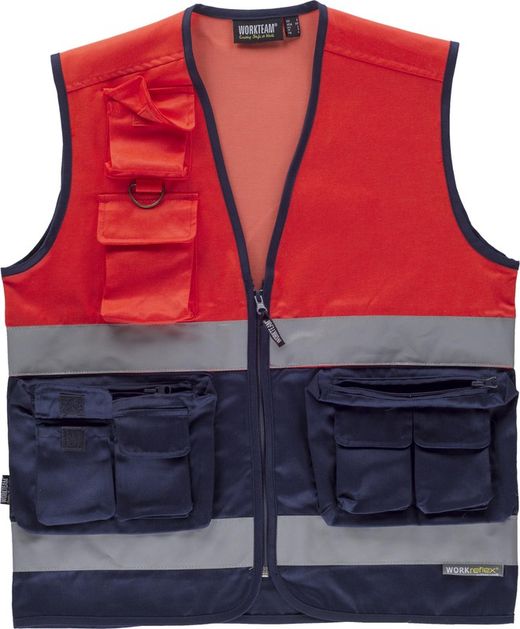 Multi-Pocket-Weste kombiniert mit AV-Rot, zwei reflektierende Bänder EN ISO 20471: 2013 Navy Red AV