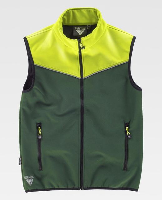 Kombination Softshell Weste Dunkelgrün Gelb AV