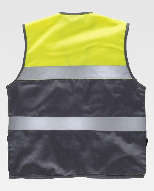 Zweifarbige Safari-Weste mit mehreren Taschen und zwei gut sichtbaren Bändern. Grey Yellow AV