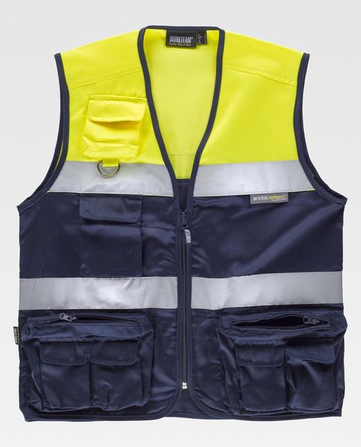 Zweifarbige Safari-Weste mit mehreren Taschen und zwei gut sichtbaren Bändern Navy Yellow AV