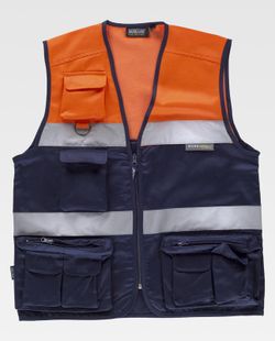 Zweifarbige Safari-Weste mit mehreren Taschen und zwei gut sichtbaren Bändern Navy Orange AV