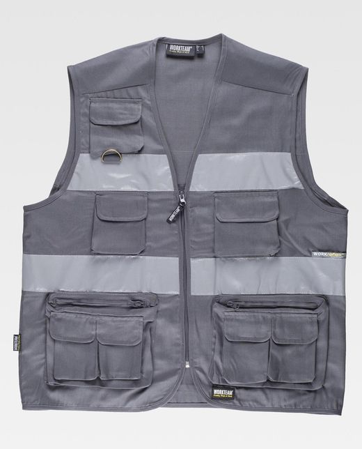 Multi-Pocket-Safari-Weste mit 2 reflektierenden Bändern Grau