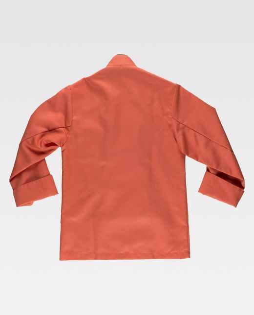 Korallenrote Unisex-Küchenjacke mit Sicherheitsknöpfen und kontrastierenden Paspeln