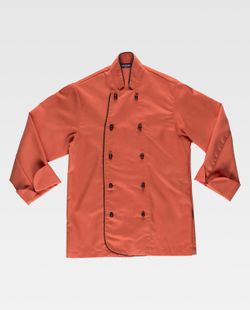 Korallenrote Unisex-Küchenjacke mit Sicherheitsknöpfen und kontrastierenden Paspeln