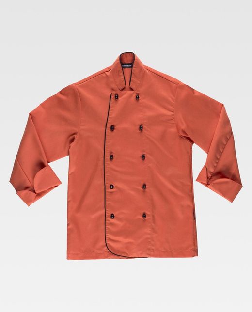 Korallenrote Unisex-Küchenjacke mit Sicherheitsknöpfen und kontrastierenden Paspeln