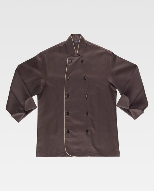 Unisex-Küchenjacke mit Sicherheitsknöpfen und kontrastierenden Paspeln Braun