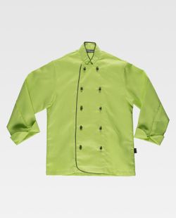 Unisex-Küchenjacke mit Sicherheitsknöpfen und kontrastierenden Paspeln in Limonengrün