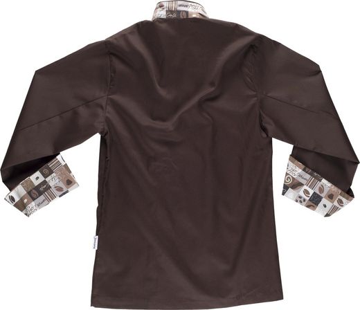 Kochjacke mit Sicherheitsknöpfen, kombinierte Manschetten mit braunem Aufdruck