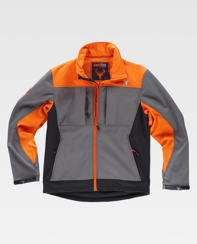 Combination softshell jacket with two side pockets and 2 chest pockets  Hunting Green Orange AV Black — Maxport Costumes for Work
