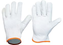 Handschuhhandfläche und Rücken aus Vollnarbenleder, Besatz und Gummizug auf der Rückseite Weiß. PACK 12 und