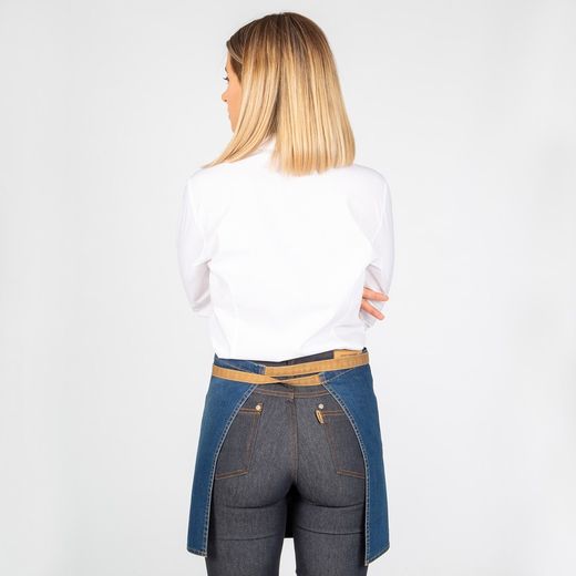 Indigo denim washed combi mustard short apron 40x69 cm "redline"