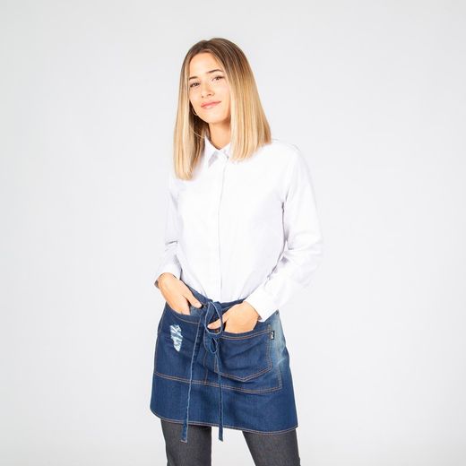 Indigo washed denim short apron with frayed pocket 40x69 cm "redline"