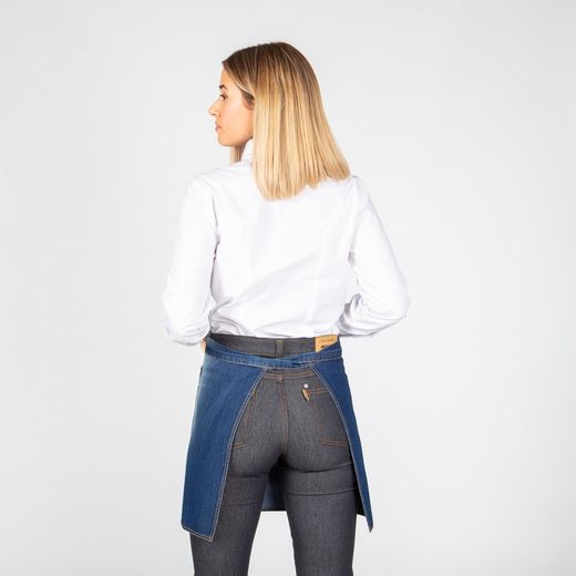 Indigo washed denim short apron with frayed pocket 40x69 cm "redline"