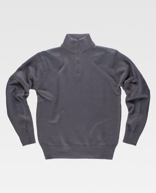 Pullover mit halbem Reißverschluss und Verstärkungen an Schultern und Ellbogen aus 100% Baumwollgrau
