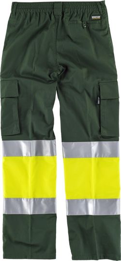Hose mit 2 gut sichtbaren und reflektierenden Bändern, Verstärkungen und mehreren Taschen EN471 Dunkelgrün Gelb AV