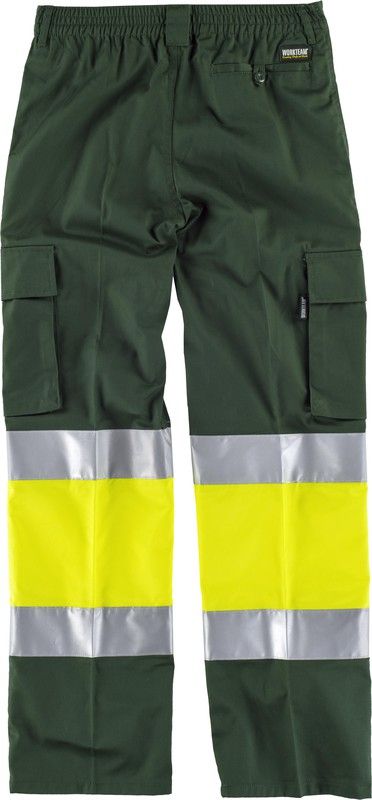 Hose mit 2 gut sichtbaren und reflektierenden Bändern, Verstärkungen und mehreren Taschen EN471 Dunkelgrün Gelb AV