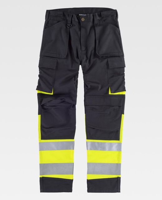 Hochsichtbare kombinierte Hose mit mehreren Taschen Reflektierende Bänder in verschiedenen Größen Schwarz Gelb AV