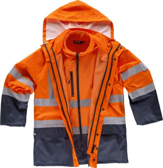 Parka 4 em 1 de alta visibilidade com casco suave: colete removível e impermeável EN ISO 20471: 2013 Navy Orange AV