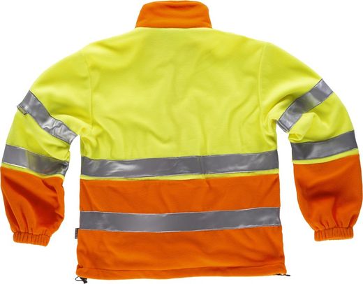 Zweifarbiges, gut sichtbares Fleece, Reißverschluss, zwei reflektierende Bänder am Oberkörper und an den Ärmeln Orange AV Gelb AV