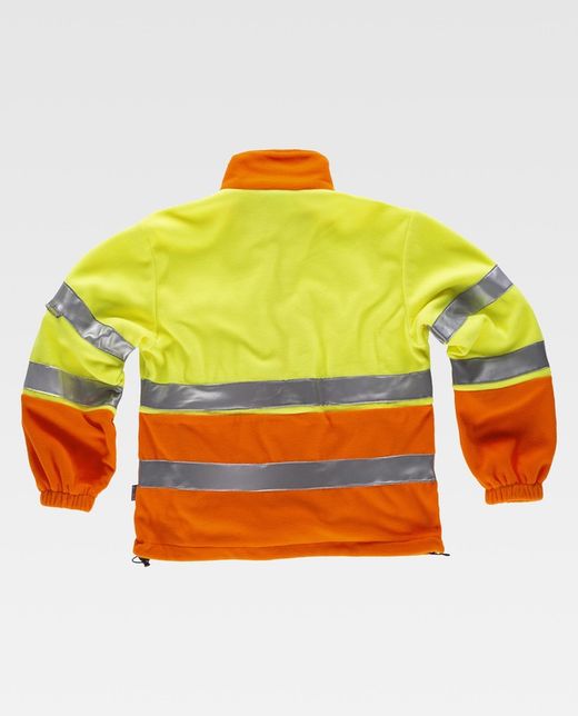 Zweifarbiges, gut sichtbares Fleece, Reißverschluss, zwei reflektierende Bänder am Oberkörper und an den Ärmeln Orange AV Gelb AV